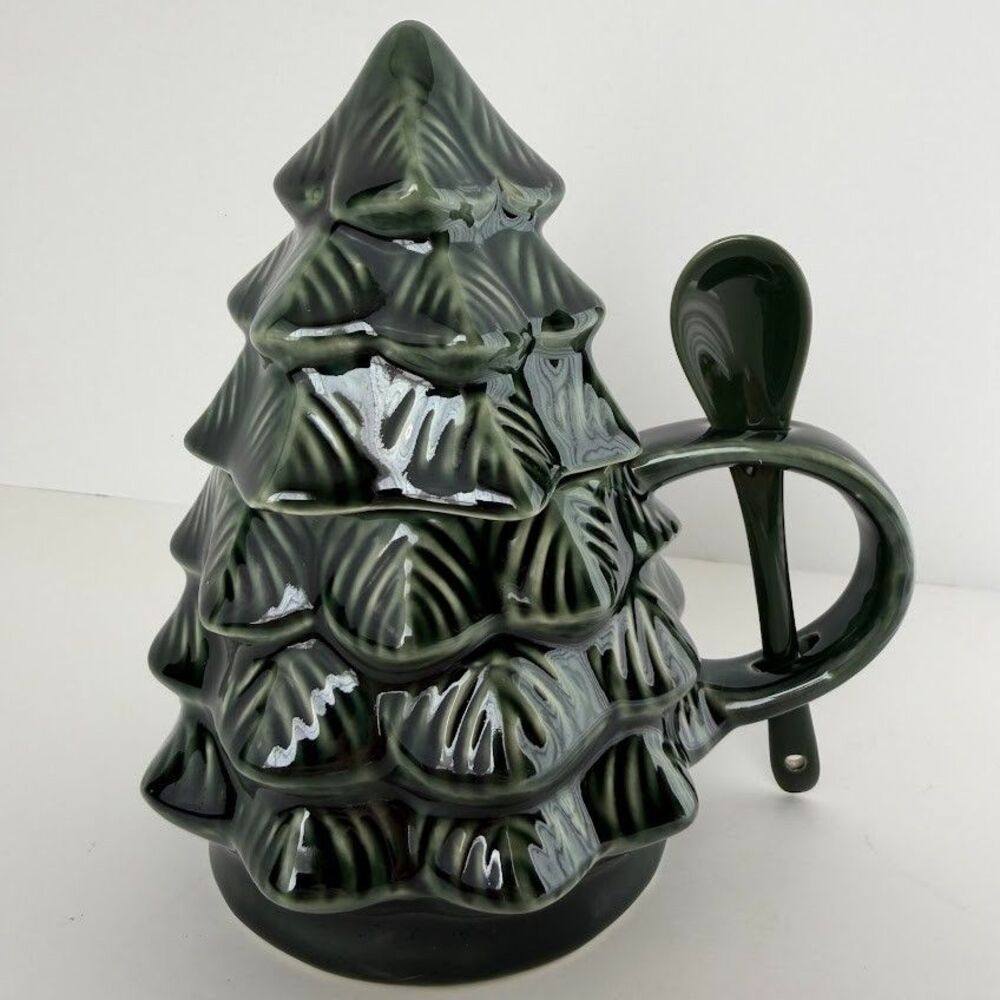 Tabletops Gallery Green Christmas Tree Shaped Stoneware Mug, Top, & Spoon w/ Box